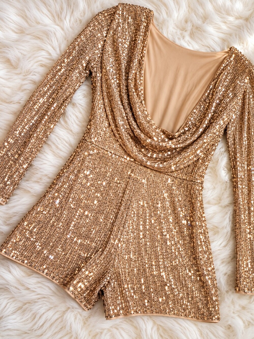 Papaya Rose Gold Sequin Long Sleeve Cowl Back Romper Size M